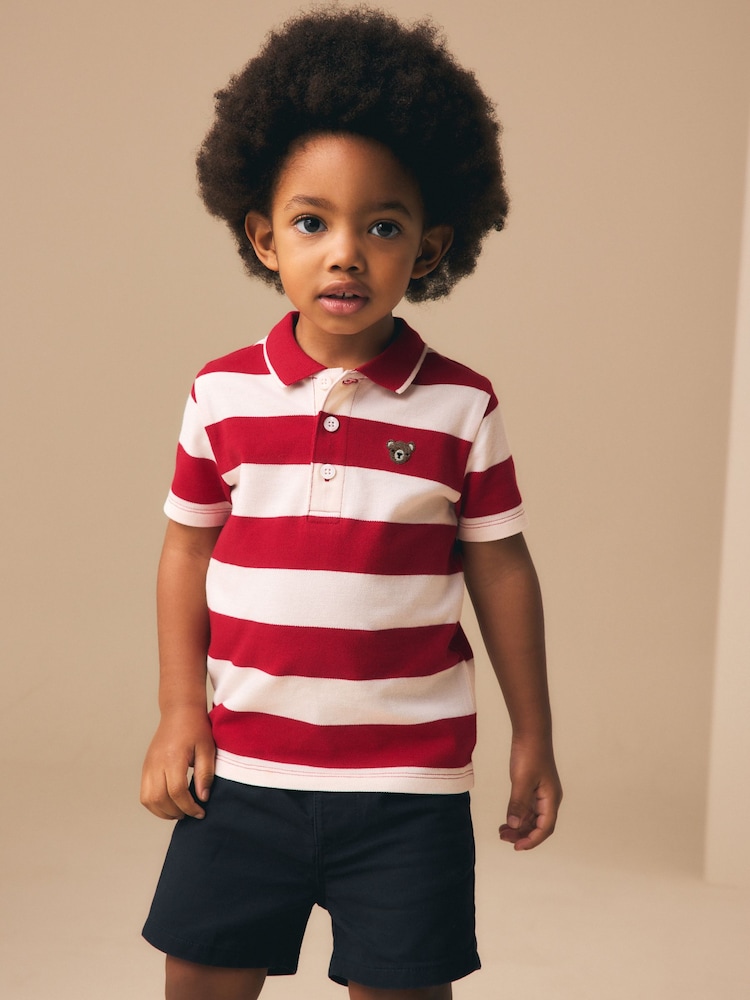 Red Stripe/Navy Short Sleeve Polo Top & Chino Shorts Set (3mths-7yrs) - Image 1 of 4 Red Stripe/Navy Short Sleeve Polo Top & Chino Shorts Set (3mths-7yrs) - Image 1 of 4