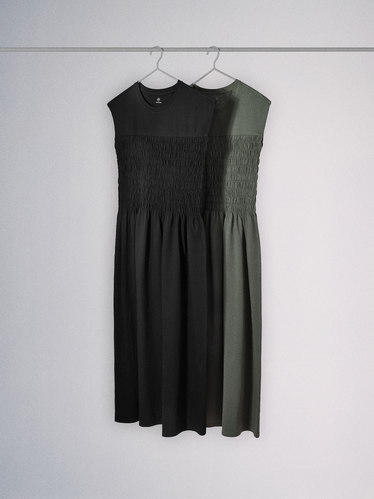 The Set 2 Pack Shirred Maxi Jersey Dresses Khaki Green/Black - Image 2 of 9