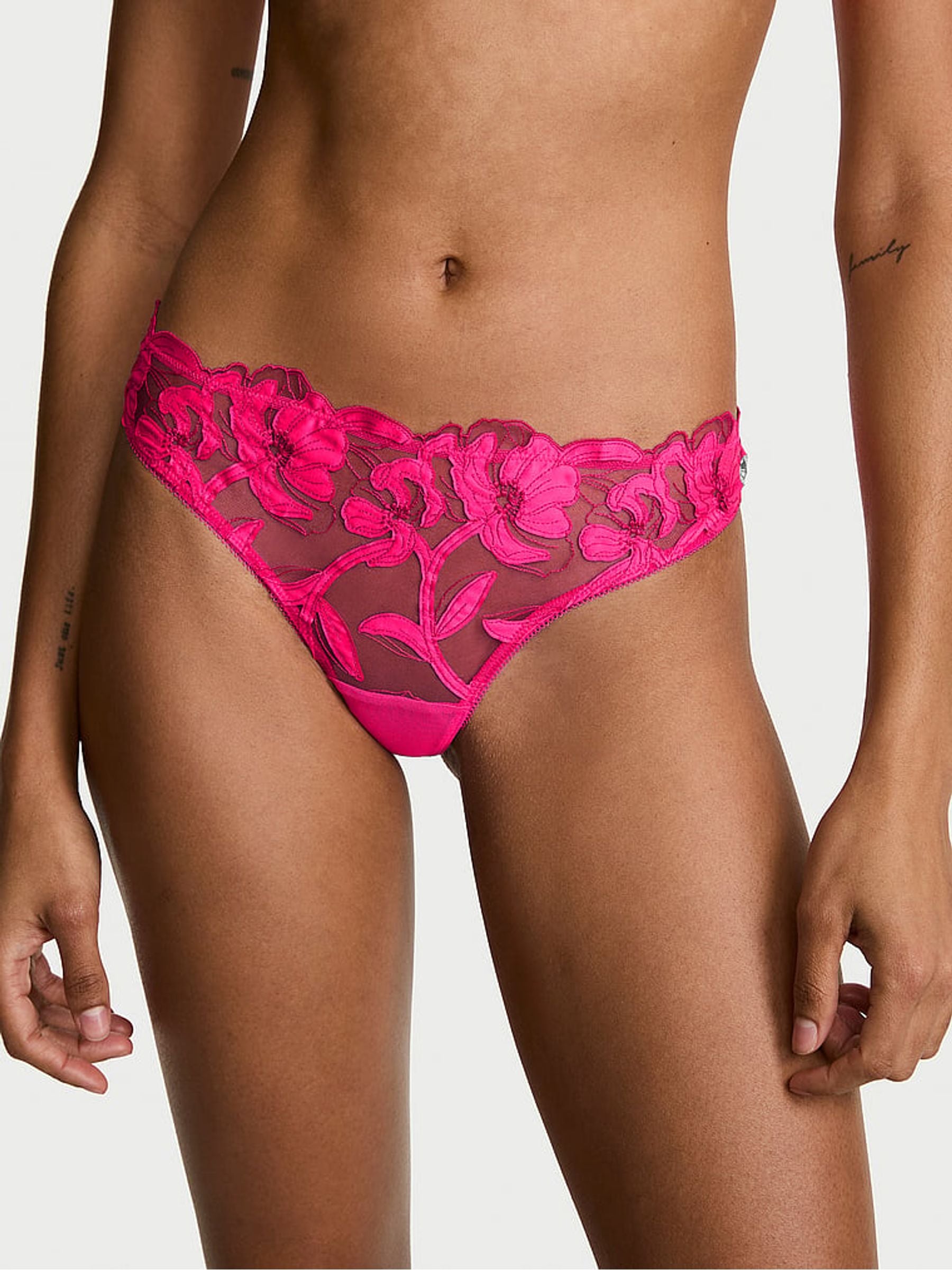 Victoria's Secret Haute Pink Thong Floral Embroidered Knickers