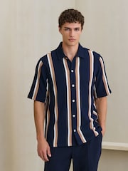 Navy/Tan Regular Fit Stripe Short Sleeve Jersey Shirt - Image 1 of 4