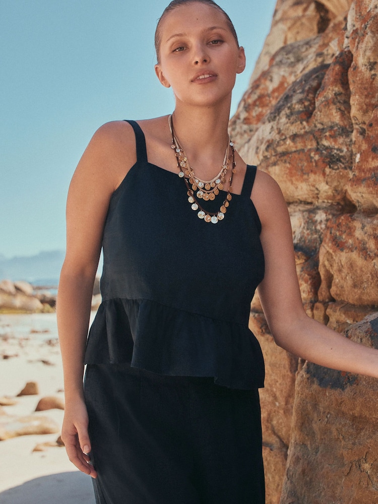 Navy Blue N. Premium 100% Linen Peplum Top - Image 1 of 6