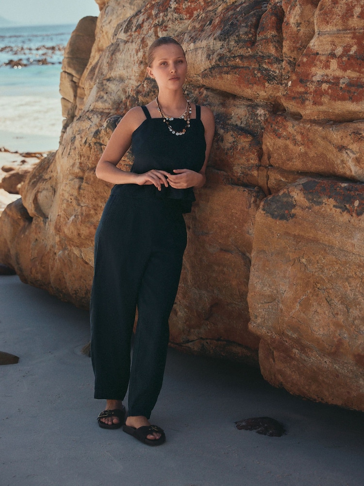 Navy Blue N. Premium 100% Linen Peplum Top - Image 2 of 6