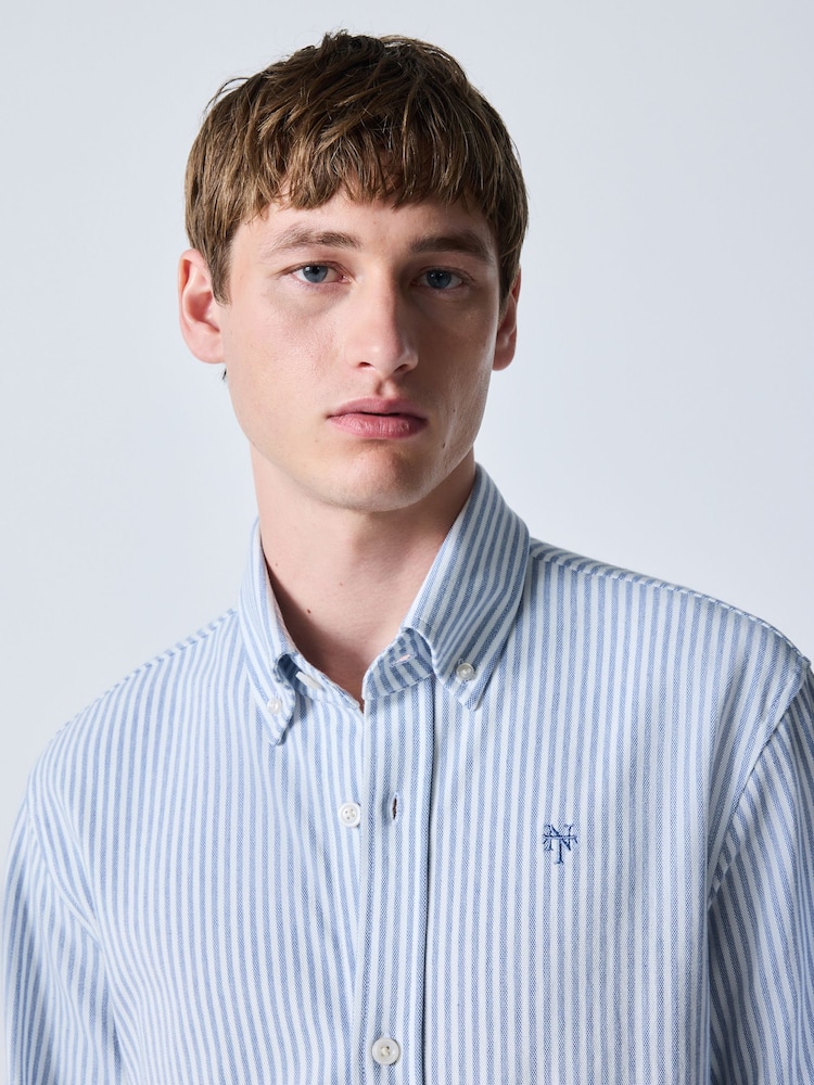藍色條紋 - Regular Fit Pique Long Sleeve Shirt - 圖片 1，共 8