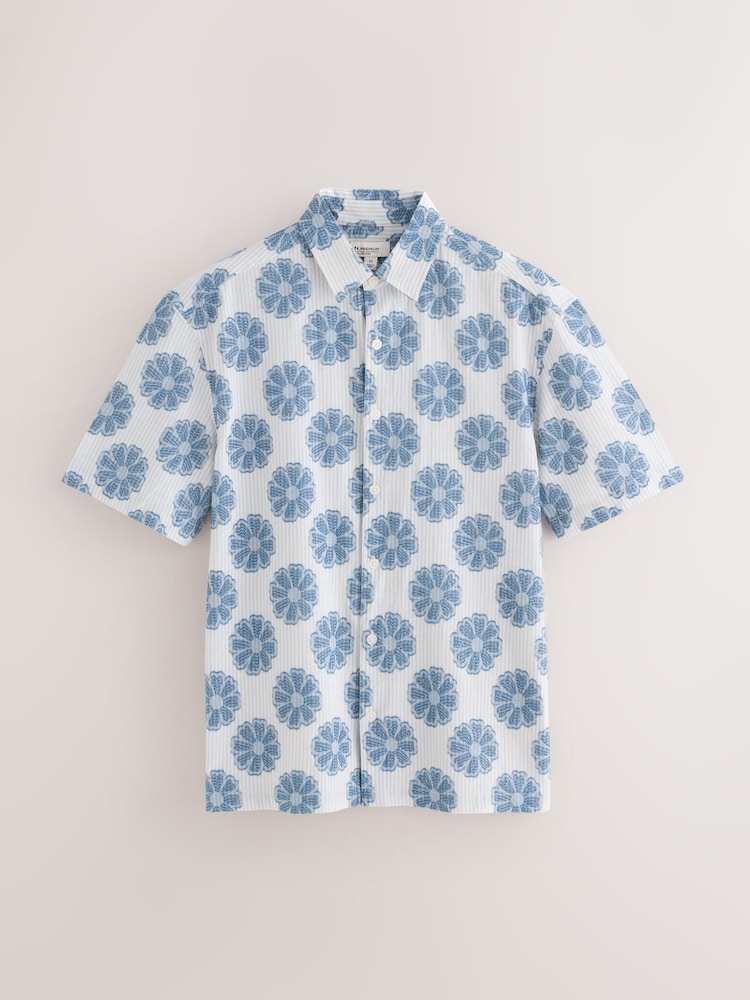 Blue Flower Textured Embroidered Short Sleeve Shirt - Image 1 of 3