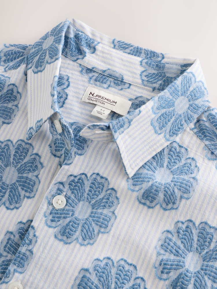 Blue Flower Textured Embroidered Short Sleeve Shirt - Image 2 of 3