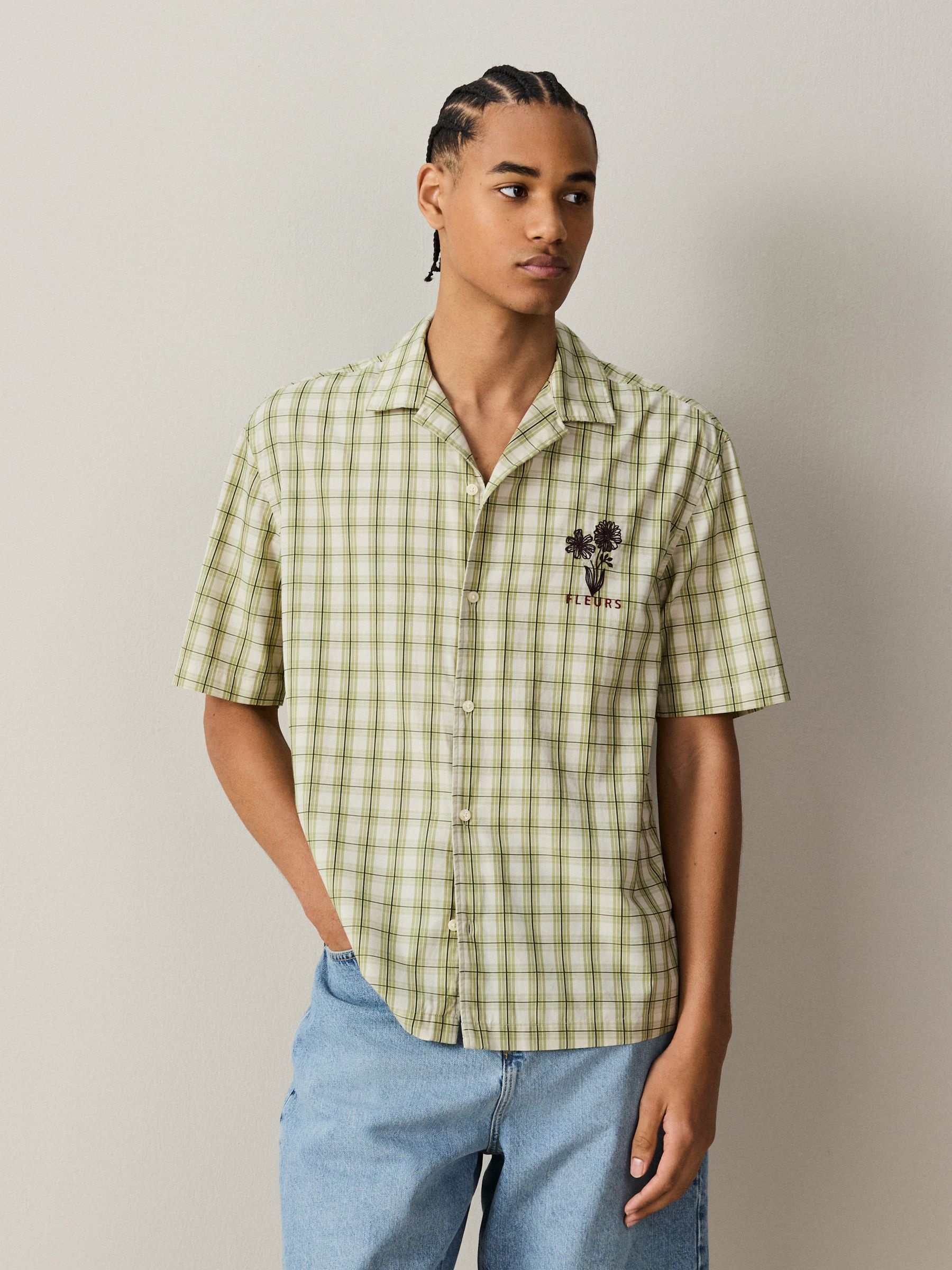 Buy Green Check Relaxed Fit Embroidered Revere Collar Short Sleeve