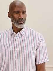 Pink Stripe Short Sleeve Signature 100% Linen Shirt - Image 1 of 5