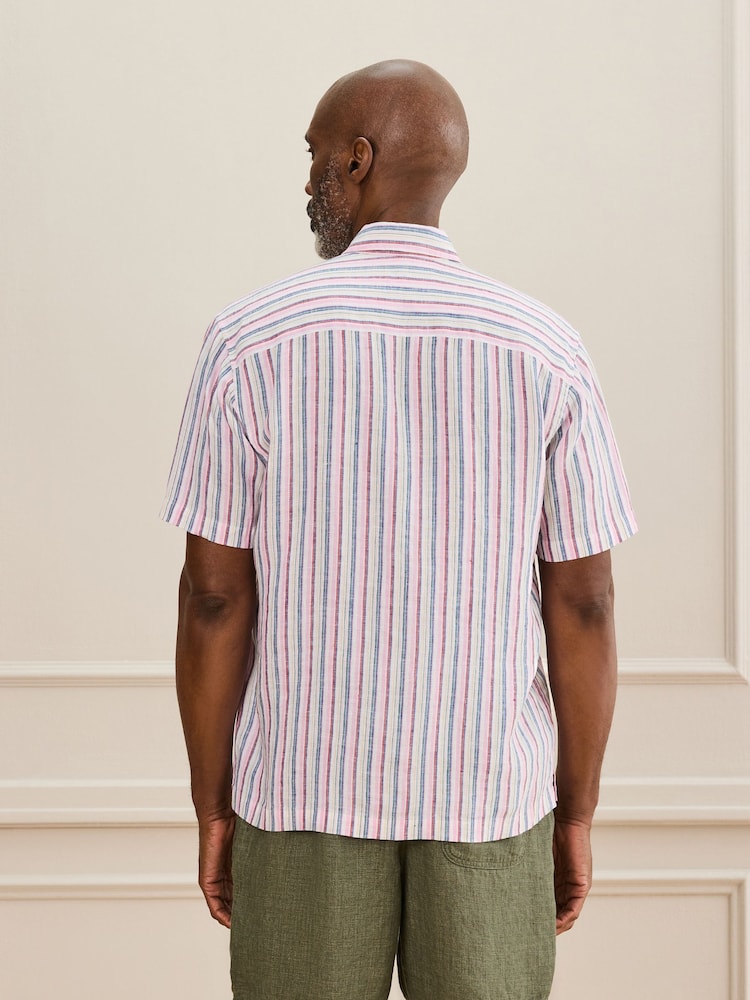 Pink Stripe Short Sleeve Signature 100% Linen Shirt - Image 2 of 5 Pink Stripe Short Sleeve Signature 100% Linen Shirt - Image 2 of 5
