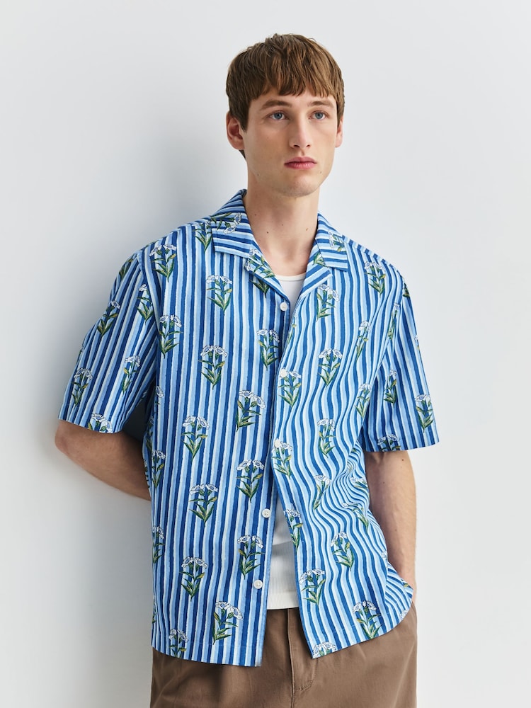 Navy Floral Stripe - Camisa de mangas cortas con estampado - Imagen 1 de 7