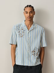 Blue/Yellow Floral Stripe Embroidered Short Sleeve Shirt - Image 1 of 9