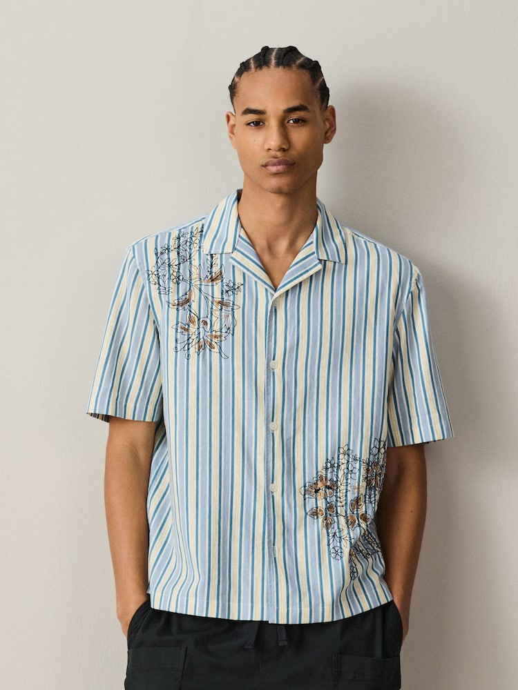 Blue/Yellow Floral Stripe Embroidered Short Sleeve Shirt - Image 1 of 9
