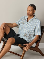 Blue/Yellow Floral Stripe Embroidered Short Sleeve Shirt - Image 2 of 9