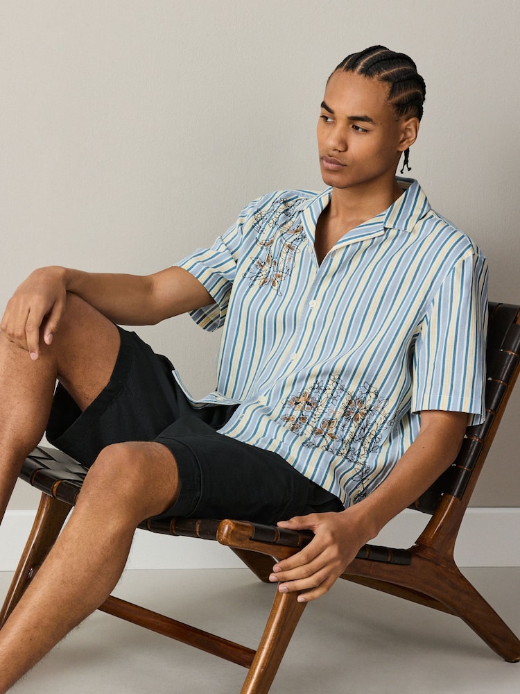Blue/Yellow Floral Stripe Embroidered Short Sleeve Shirt - Image 2 of 9