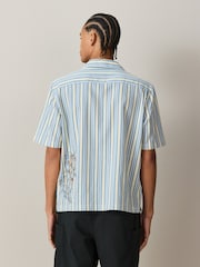 Blue/Yellow Floral Stripe Embroidered Short Sleeve Shirt - Image 3 of 9