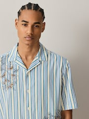 Blue/Yellow Floral Stripe Embroidered Short Sleeve Shirt - Image 4 of 9