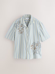Blue/Yellow Floral Stripe Embroidered Short Sleeve Shirt - Image 5 of 9