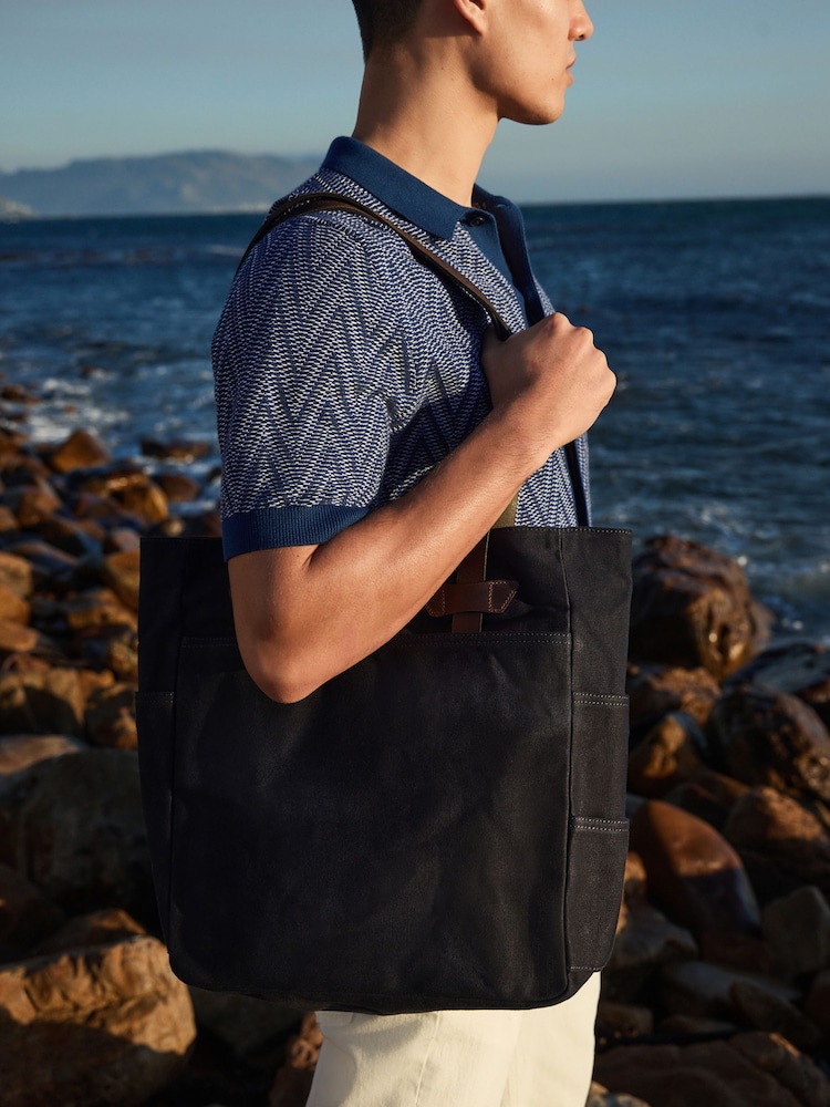 Navy Blue Waxed Canvas Utility Tote Bag - Image 1 of 2