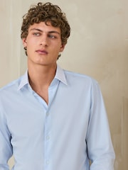 Blue/White Slim Fit Cotton Stretch Long Sleeve Formal Shirt - Image 4 of 7