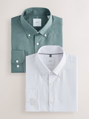 White/Green Slim Fit Easy Care Long Sleeve Single Cuff Smart Shirts 2 Pack - Image 1 of 13