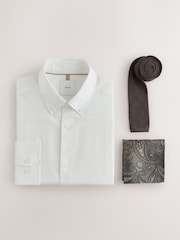 White Slim Fit Cotton/Linen Blend Formal Shirt and Brown Knitted Tie Set - Image 1 of 4