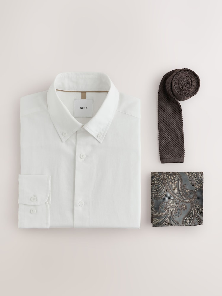 White Slim Fit Cotton/Linen Blend Formal Shirt and Brown Knitted Tie Set - Image 1 of 4 White Slim Fit Cotton/Linen Blend Formal Shirt and Brown Knitted Tie Set - Image 1 of 4