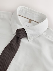 White Slim Fit Cotton/Linen Blend Formal Shirt and Brown Knitted Tie Set - Image 7 of 9