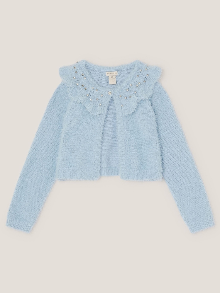 Monsoon Blue Embellished Collar Fuzzy Cardigan - Image 1 of 3 Monsoon Blue Embellished Collar Fuzzy Cardigan - Image 1 of 3