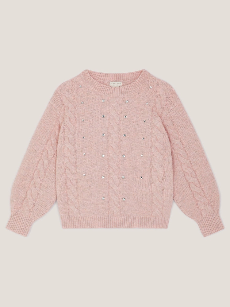 Monsoon Pink Rhinestone Cable Knit Jumper - Image 1 of 3