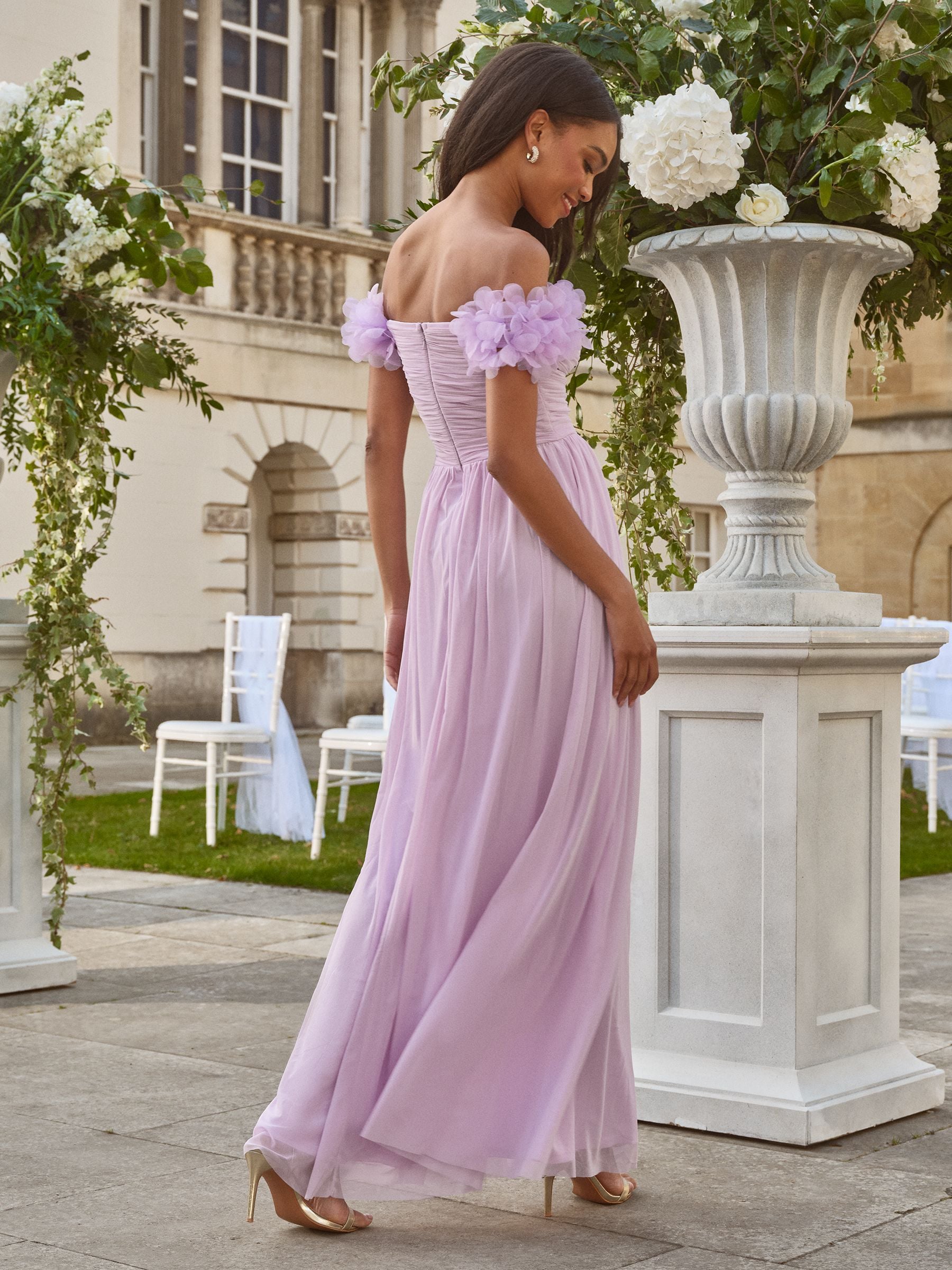 Buy Lilac Purple Bridesmaid 3D Floral Off Shoulder Maxi Dress from