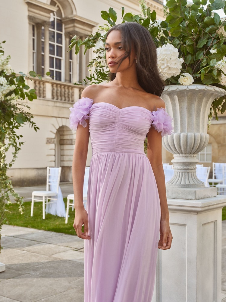 Lilac Purple Bridesmaid 3D Floral Off Shoulder Maxi Dress - Image 4 of 4