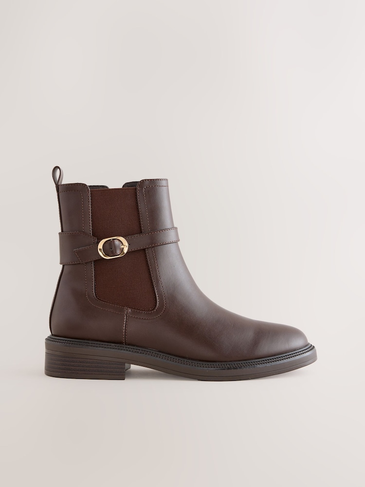 Chocolate Brown Extra Wide Fit Buckled Chelsea Boots - Image 1 of 6