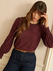 Love & Roses Berry Red Textured Long Sleeve Top - Image 1 of 4