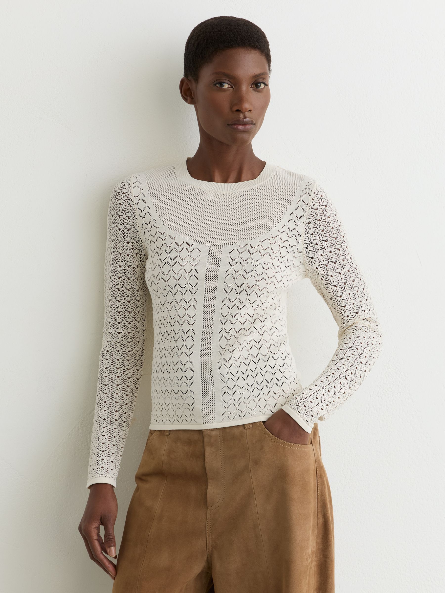 Reiss Ivory Pointelle-knit Long-sleeve Top In White