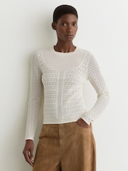 Reiss Ivory Bella Pointelle-Knit Long-Sleeve Top - Image 1 of 6