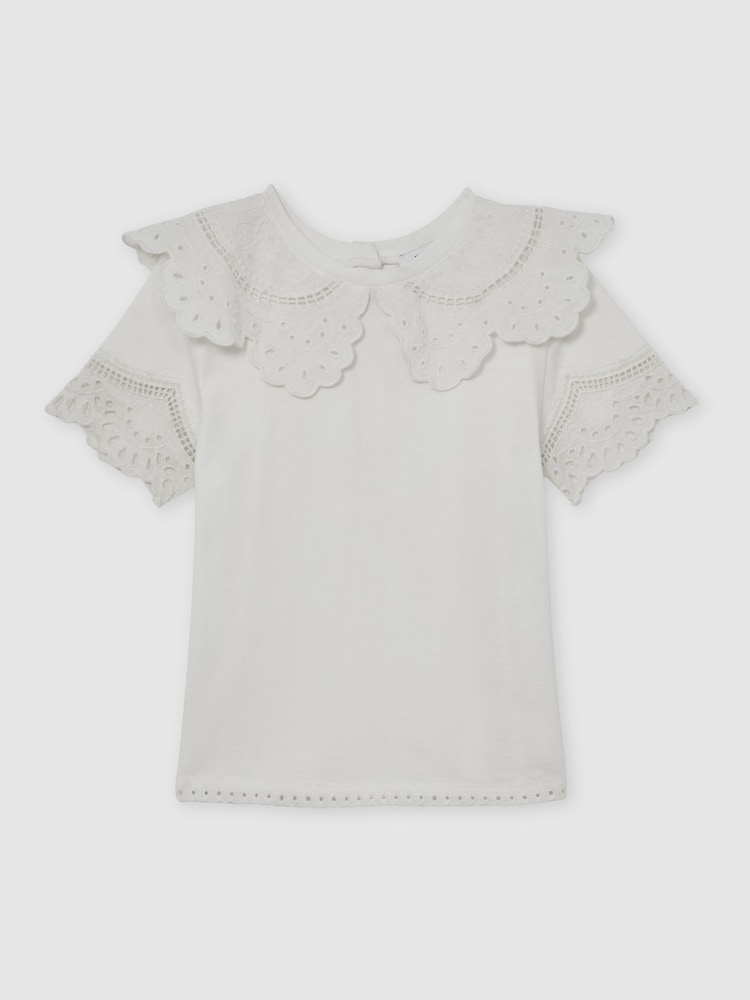 Reiss Ivory Alessia Cotton Broderie Anglaise Collared Top - Image 2 of 4