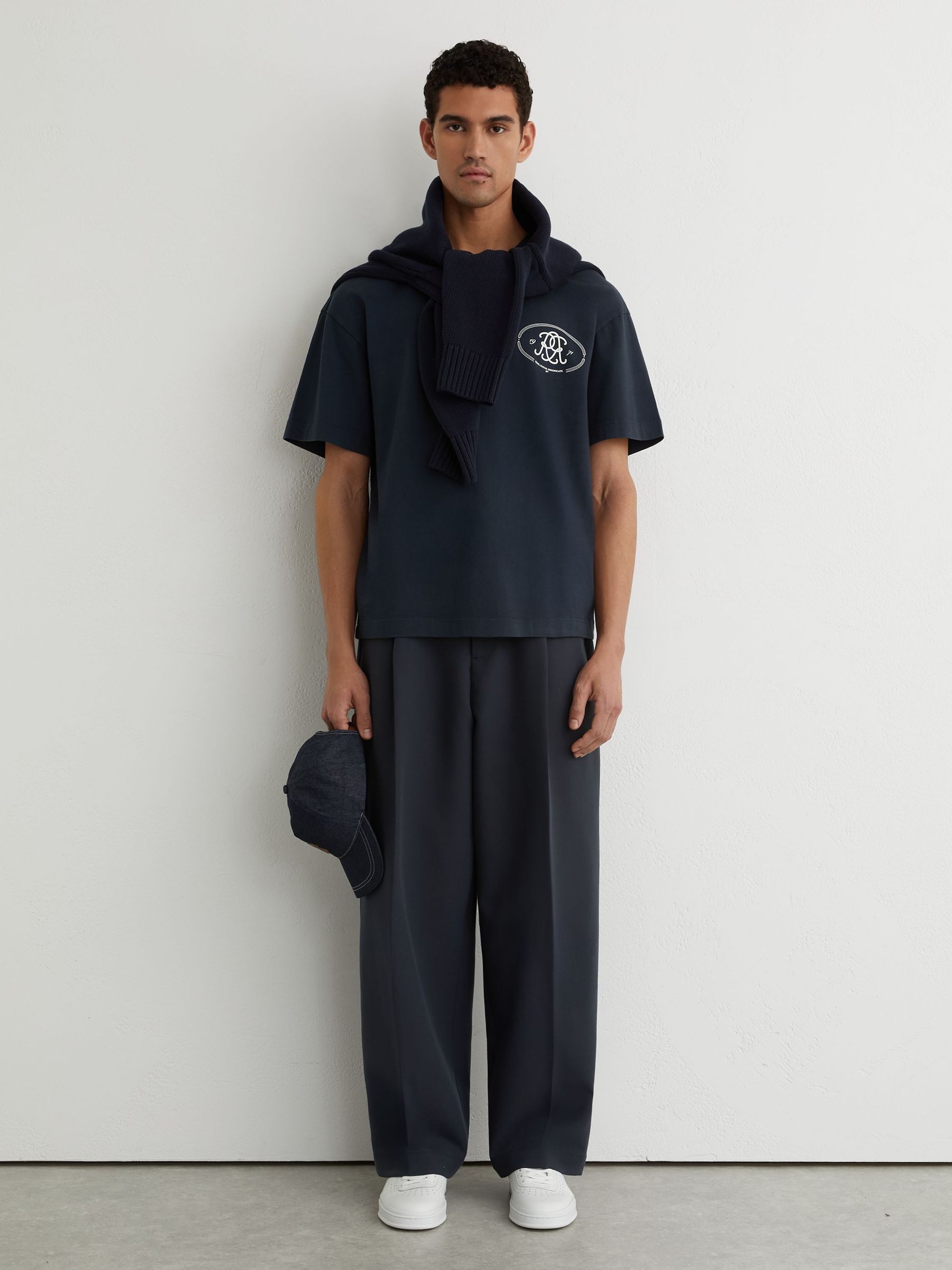 Buy Reiss Washed Navy Clement Monogram-Print Pigment-Dyed Relaxed