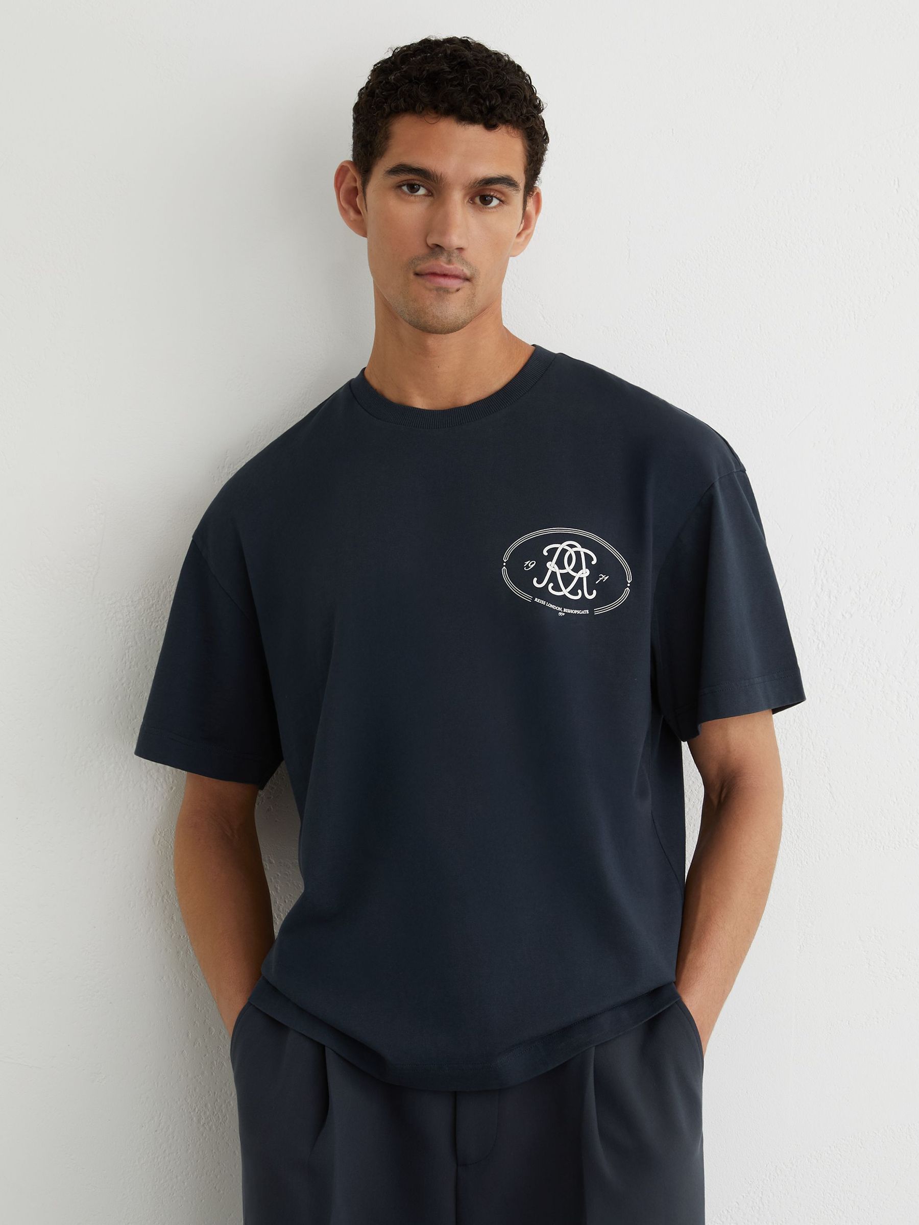Buy Reiss Washed Navy Clement Monogram-Print Pigment-Dyed Relaxed