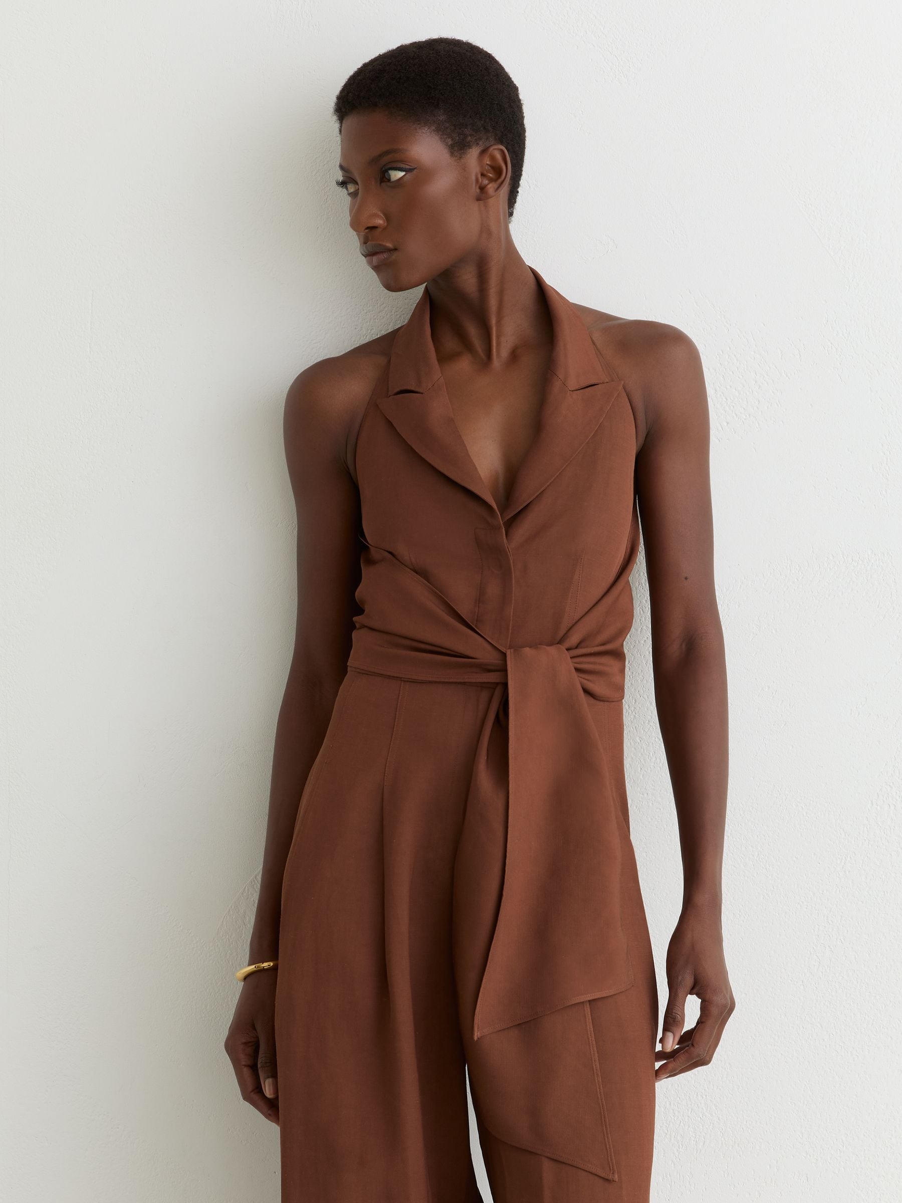 Buy Reiss Rust Orange Taya Tie-Front Wide-Leg Jumpsuit with Linen