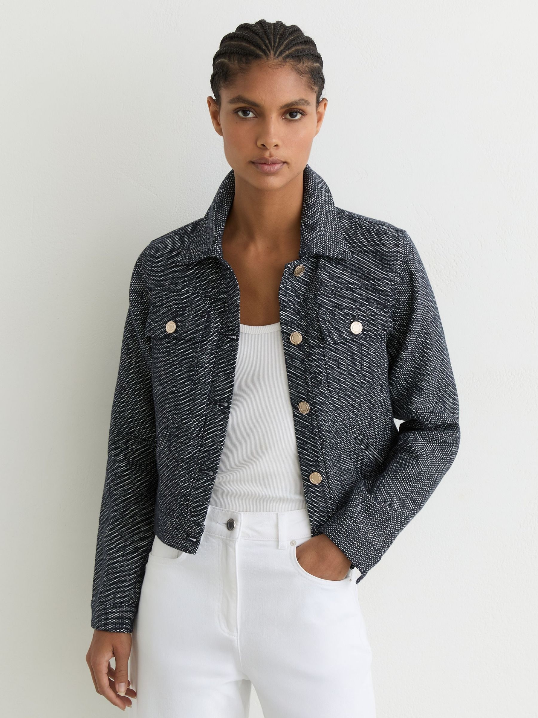 Reiss Navy Linen-cotton Woven Trucker Jacket In Blue