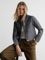 Reiss Navy Bree Linen-Cotton Woven Trucker Jacket - Image 1 of 7