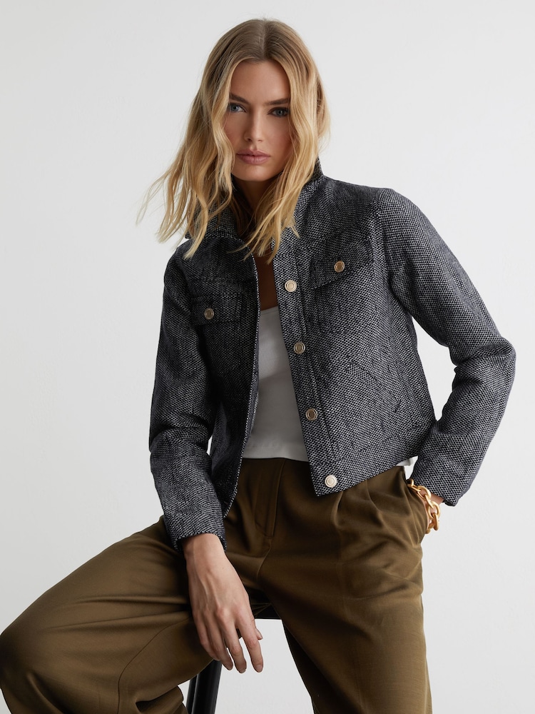 Reiss Navy Bree Linen-Cotton Woven Trucker Jacket - Image 1 of 7