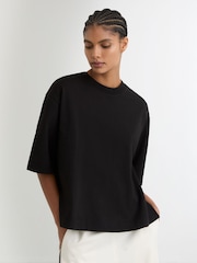 Reiss Black Lara Cotton Ribbed-Neck Oversized T-Shirt - Image 1 of 7
