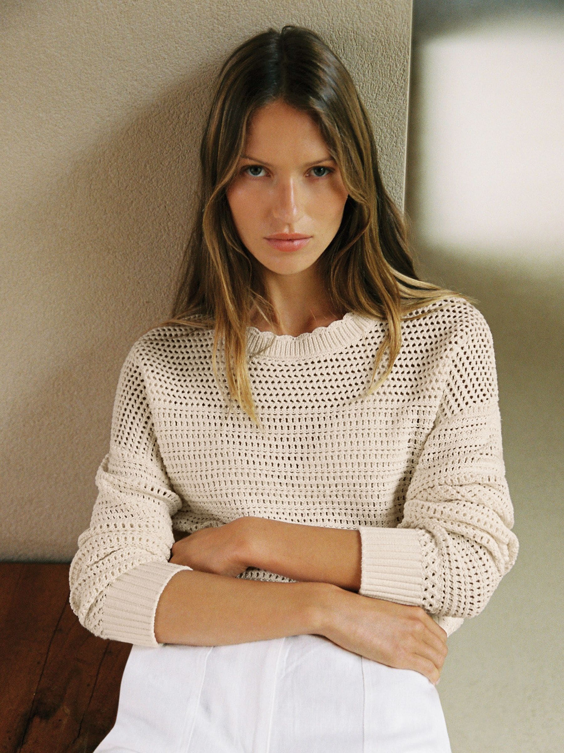 Reiss Neutral Cotton Open-stitch Crew-neck Jumper