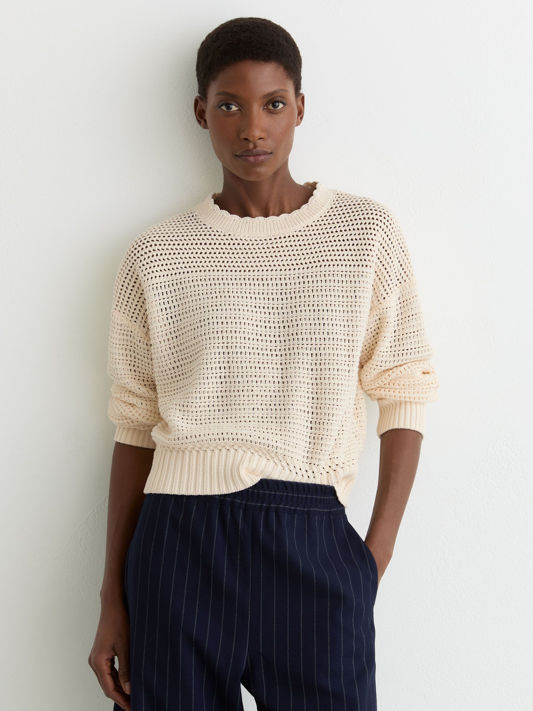Buy Reiss Neutral Bonnie Cotton Open-Stitch Crew-Neck Jumper from
