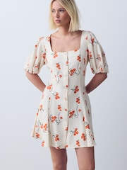Ecru Tomato Print Puff Sleeve Button Through Mini Dress - Image 1 of 4