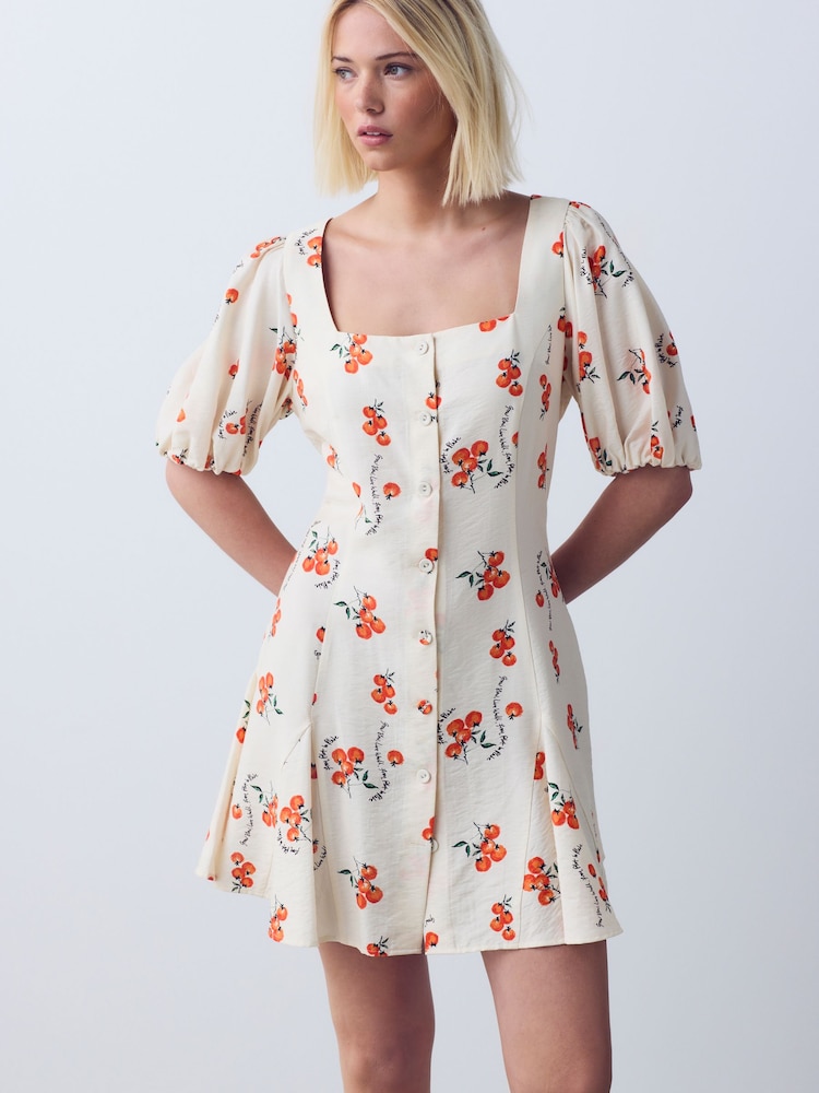 Ecru Tomato Print Puff Sleeve Button Through Mini Dress - Image 1 of 4 Ecru Tomato Print Puff Sleeve Button Through Mini Dress - Image 1 of 4