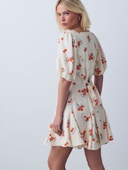 Ecru Tomato Print Puff Sleeve Button Through Mini Dress - Image 3 of 4