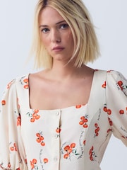 Ecru Tomato Print Puff Sleeve Button Through Mini Dress - Image 4 of 4