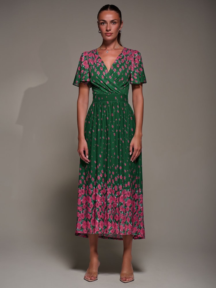 Jolie Moi Green Mirrored Mesh Short Sleeve Midaxi Dress - Image 1 of 6