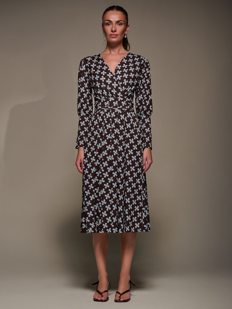 Jolie Moi Brown Puff Long Sleeve Jersey Midi Dress - Image 1 of 6
